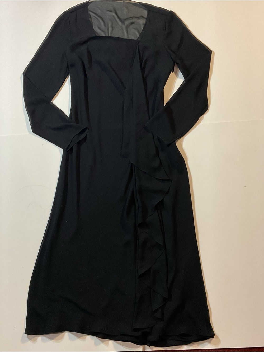 VTG 90s Coterie Black Chiffon Midi Dress Sheer Mesh Long Sleeve Ruffle Drape